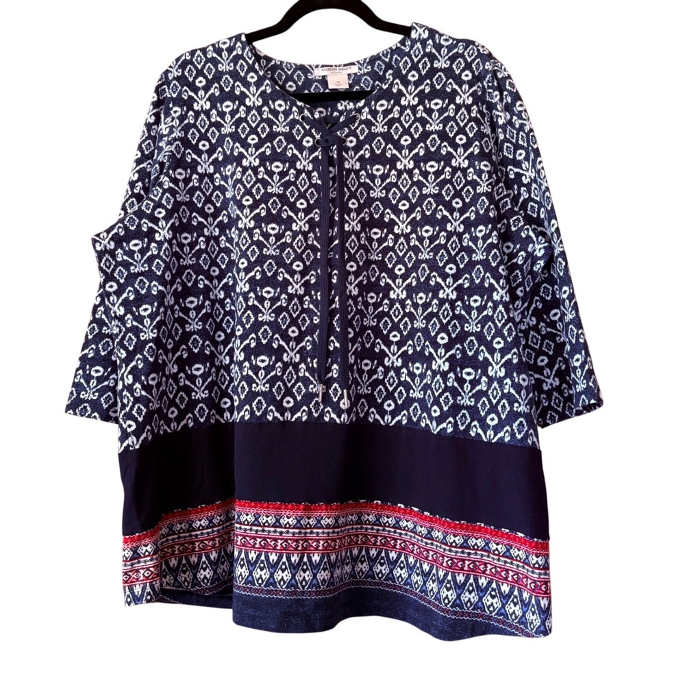 Allison Daley Woman Blouse Top 1X‎ Blue Print 3/4 Sleeve Work Career Pullover